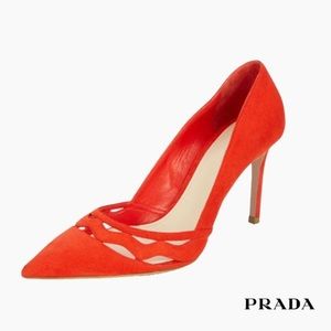 “NEW” AUTHENTIC PRADA WAVY-CUT SUEDE PUMP, RED
